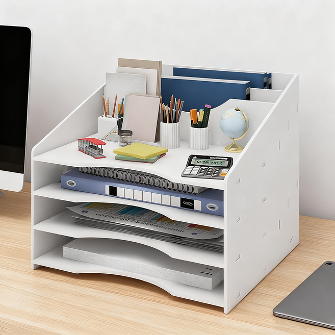 슈퍼인 서류 정리함 책상 수납 세로형 다용도 탁상용 수납 트레이, 화이트