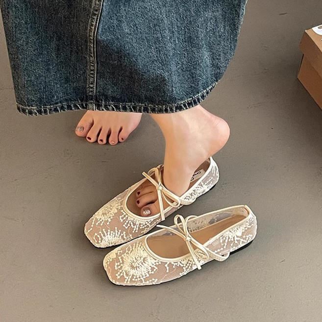 패션 여성 플랫 슈즈 프렌치 스퀘어 리본 메리제인 플랫 봄 여름 여자 로퍼 단화 CJJ