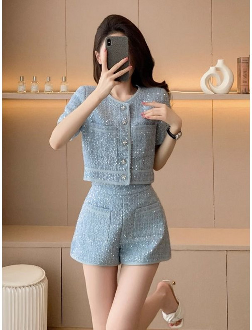 여성 패션 트위드 반팔 세트 봄 여름 캐주얼 명원풍 코트 상의 + 반바지 슬림핏 트렌드 투피스 WMY