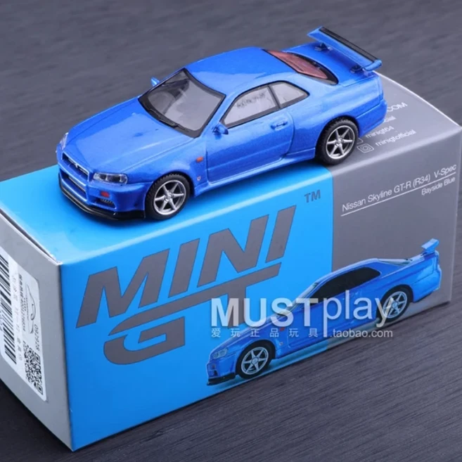 MINIGT 1:64 스케일 GTR R34 V-Spec 베이 블루 합금 자동차 모델 759 #, 01 A