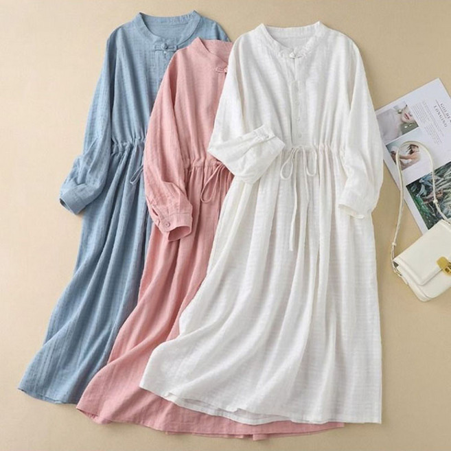 허리스트링 라운드넥 면마원피스 편한 날씬해보이는 고급스러운 엄마 원피스 A라인 롱원피스