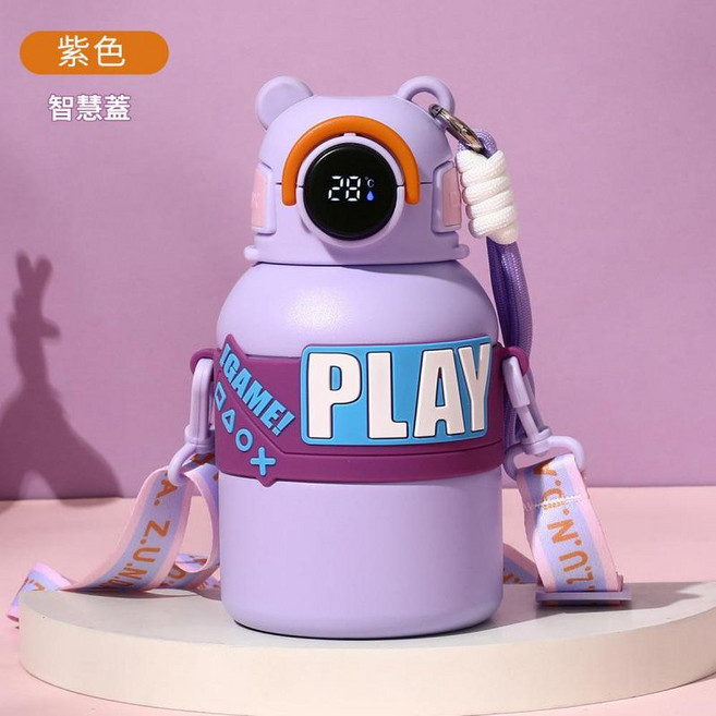 卡通智慧顯溫316不鏽鋼保溫杯, 香芋紫 測溫款, 1套, 600L