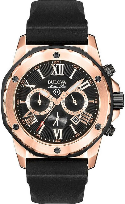 Bulova 마린 스타 크로노그래프 남성용 스테인리스 스틸 블랙 실리콘 스트랩 투톤 크로노그래프. 로즈 골드/블랙 스트랩