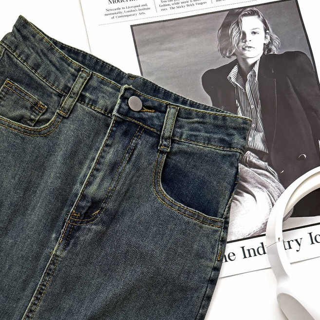 後開叉高腰水洗牛仔長裙 丹寧長裙 牛仔裙 半身裙 復古 韓系 日系女裝 設計感長裙 工裝裙