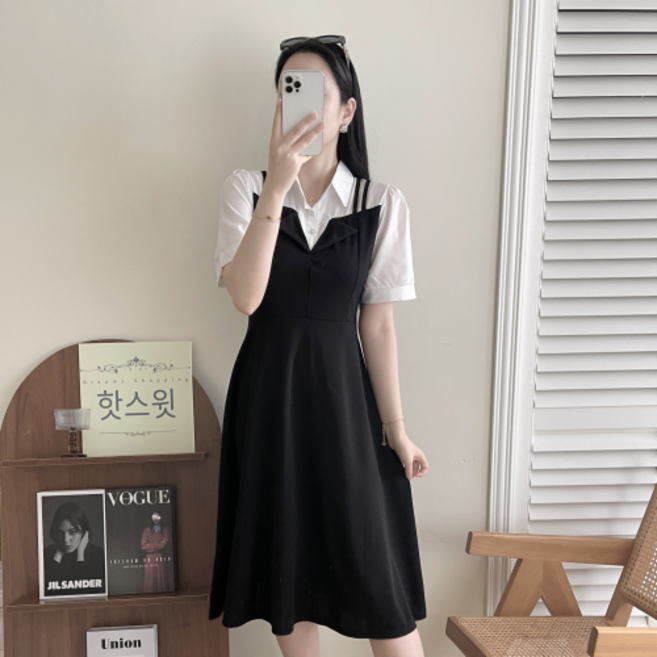 네디아 페이크 투피스 카라 원피스 반팔 미디기장 화이트 블랙 빅사이즈까지