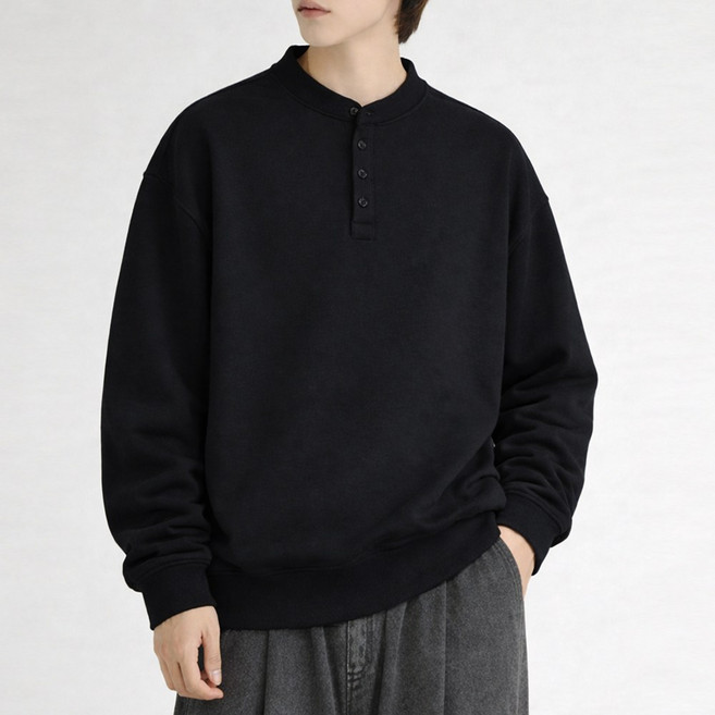 헨리넥 카라 단추 맨투맨 오버핏 옆트임 빅사이즈 티셔츠