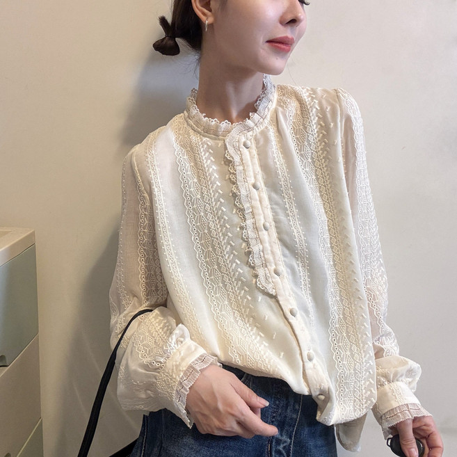 【氣質刺繡】蕾絲襯衫 韓版襯衫 刺繡襯衫 鉤花襯衫 立領襯衫 單排扣設計 精緻蕾絲花邊 早春通勤約會 氣質女神必備