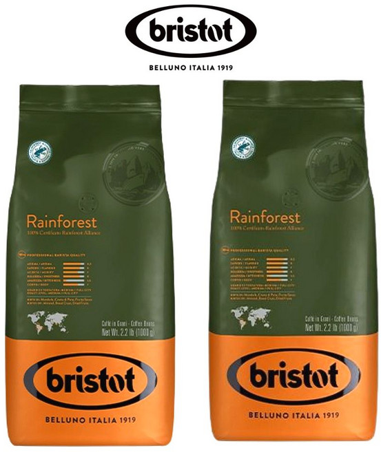 브리스토트 원두 BRISTOT RAINFOREST 레인포레스트 | 이탈리아 에스프레소 원두커피 | 미디엄 로스팅 | 2kg 맛있는원두 원두커피 홀빈(분쇄안함), 1kg, 2개