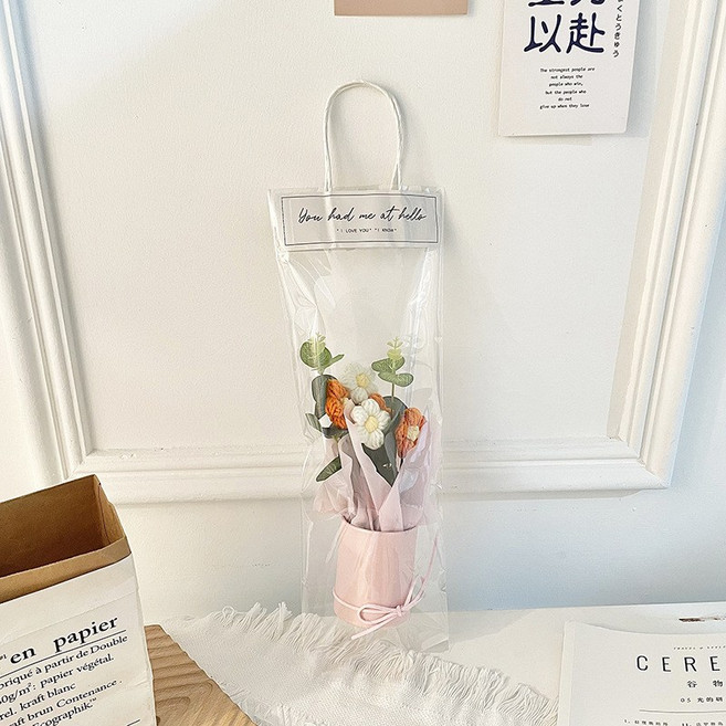 手作編織花束籃, 泡芙花抱抱桶-橙花+白花,暖光透明提袋款, 1件