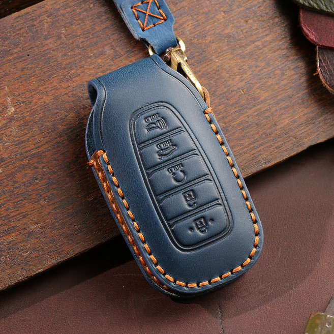 벤오토 현대 펠리세이드 싼타페 TM 아반떼 CN7 호환 스마트키 가죽케이스 현대 5버튼 키링 키홀더 (S2-HD5), 블루
