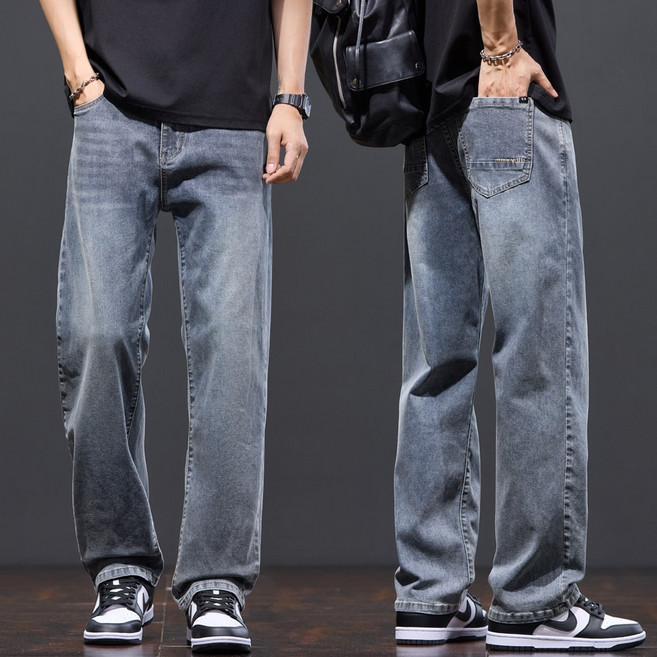 wassup 남자 청바지 일자핏 여름용 얇은 스판 남자 와이드 청바지 빅싸이즈 통바지