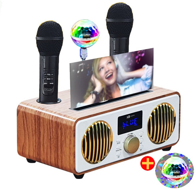 위드제이앤엠 가정용 휴대용 무선 블루투스 노래방 듀얼 마이크 스피커 노래방 기계 세트 + 가정용 미러볼, 우드, NBF 9000
