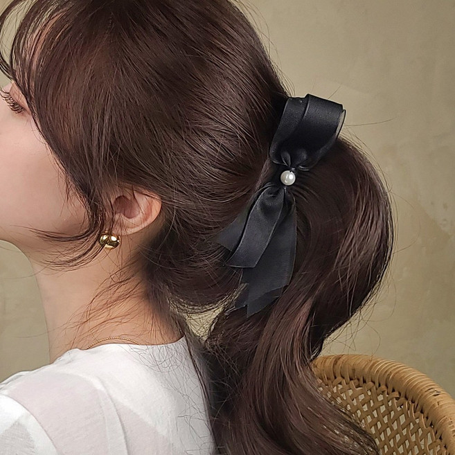 초콜리트쥬얼리 블레미르 진주 포인트 오간자 스웨이드 포니테일 헤어 집게 리본 바나나핀 - 4color