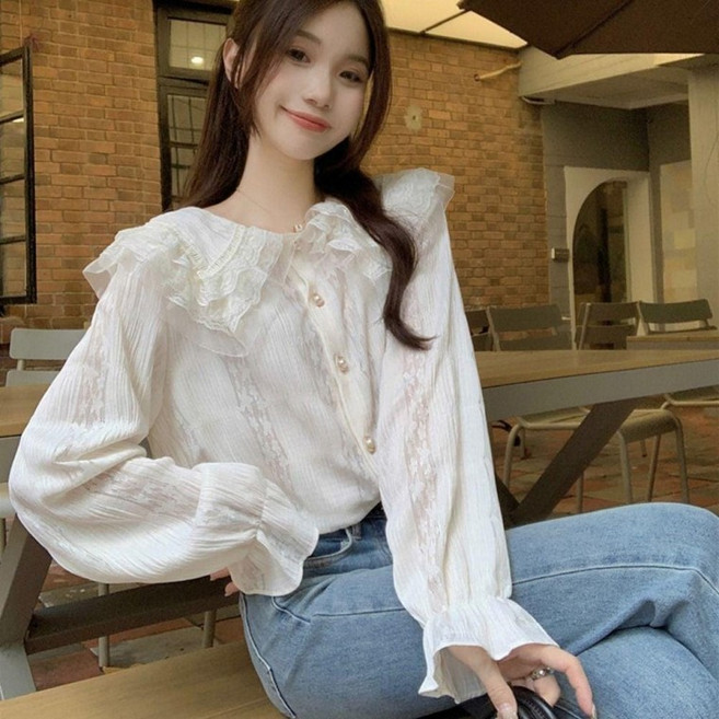 이중 레이스 프릴 블라우스 카라 시스루 긴팔 여성 스런 데일리 캐주얼 블라우스