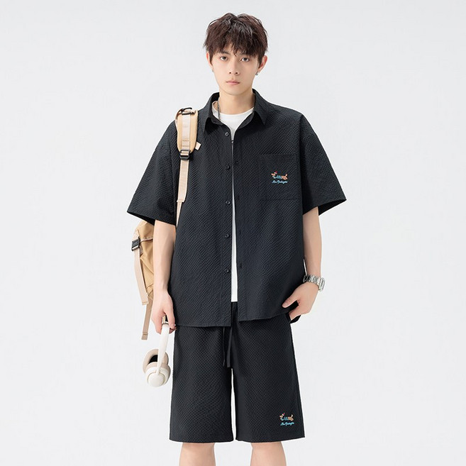 2026夏季泡泡紗肌理刺繡臘腸狗襯衫短袖短褲套裝