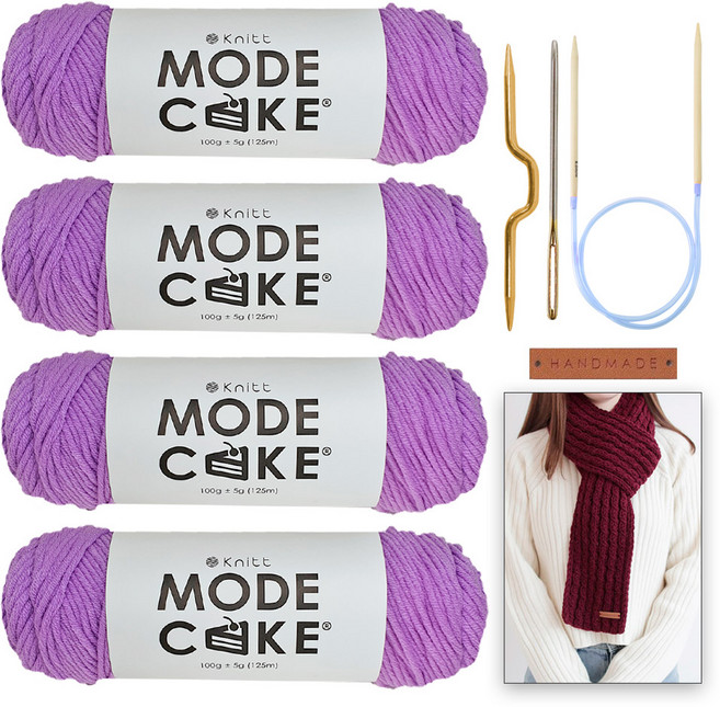 니뜨 모드케이크 뜨개실 100g x 4p + 폴 케이블 머플러 도안 + 줄바늘 6mm + 꽈배기바늘 + 돗바늘 + 심플직사각라벨 세트, 1세트, 28바이올렛