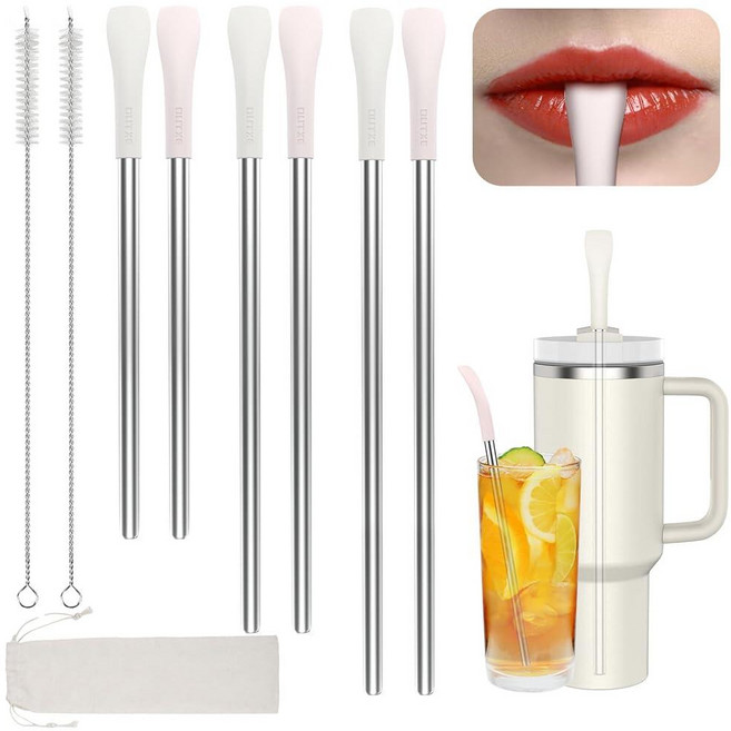 OUTXE 주름 방지 빨대 6개 Stanley& Yeti& Owala용 플랫 와이드 음료 빨대 재사용 가능한 긴 스테인리스 스틸 금속 립용 클리닝 브러시 및 휴대용 가방, diameter: 10 mm, 크림, 핑크