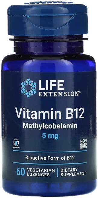 라이프익스텐션 비타민B12 메틸코발라민 5mg 채식주의자용 사탕 60개, 5 mg, 60정 - 쿠팡