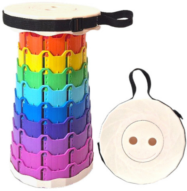 휴대용 접이식 자바라 의자 아코디언 폴딩 체어 높이조절 간이 원형 스툴 코끼리 트위스트 놀이동산 대기 줄서기, 1개, 레인보우 크림화이트