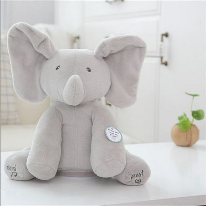 寶寶安撫玩具 兒童互動毛絨大象公仔, 1個, 一代早教躲貓貓小象-灰色-電池款