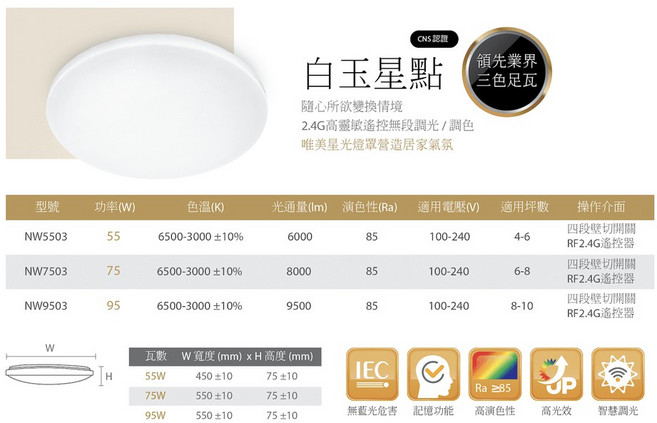 Newwin 白玉星點 吸頂燈 無段調光調色 四段壁切開關 RF 2.4G 遙控器