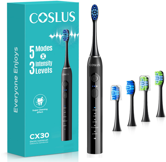 COSLUS 멀티모드음파 전동칫솔+4개 헤드, 1개, 블랙, C30 electric toothbrush