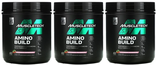[2+1] 머슬테크 아미노 빌드 BCAA 593g 딸기 수박 EAA 아미노산 루신 류신 발린 이소류신 고약사 약들약 3통 - 쿠팡