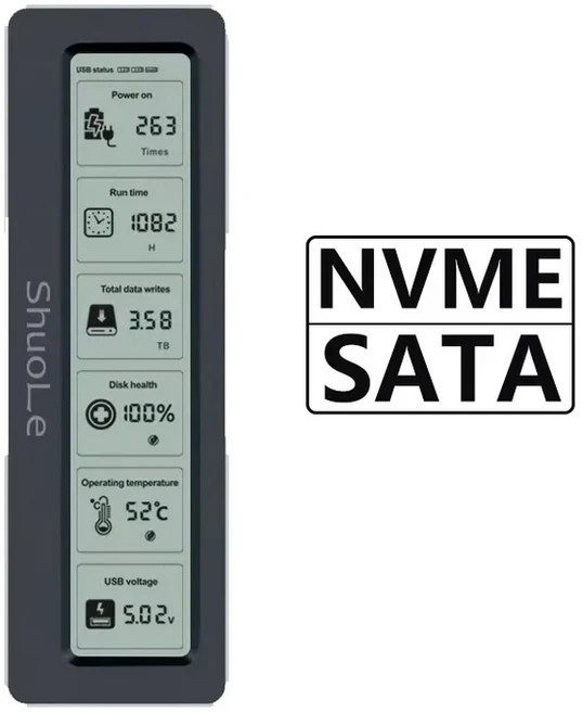 10Gbps M.2 NVME/NGFF 듀얼 프로토콜 SSD 인클로저디스플레이 화면 포함 디지털 상태 감지 USB C 어댑터, 02 SATA and NVME, 01 China Mainland