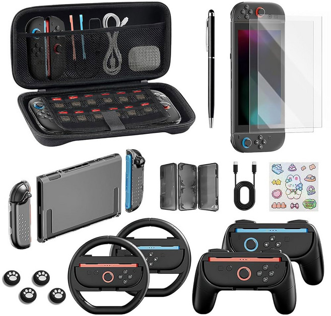 TPG싱 스위치 2 액세서리 번들 게이머용 18 in 1 키트 휴대용 케이스 스크린 프로텍터 조이콘 그립 스티어링 휠 스타일러스 콘솔 보호 커버, 1개
