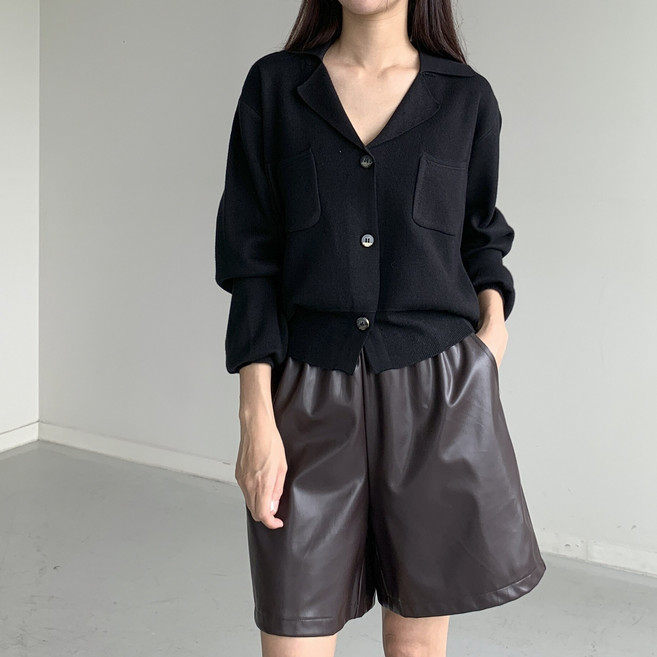 [행복여] 란츠 카라 양 포켓 단추 벌룬 소매 니트 가디건