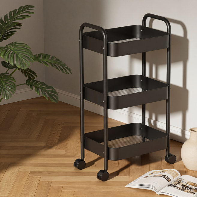 Dune 철제 메쉬 트롤리 이동식 수납 선반 바퀴형 다용도 거실 주방 인테리어 카트, 3단, 검정