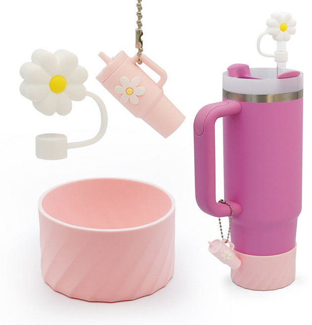 메리엘로 텀꾸 악세사리 스탠리 텀블러 호환 3종세트 텀블러보호 실리콘부츠 텀블러참 빨대마개, 1개, 핑크