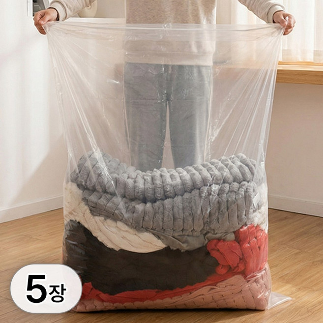 투데이리빙 5장 세트 끈있는 두꺼운 대형 비닐 봉투 포장 이사 이불 의류 보관 끈비닐 특대형 손잡이 비닐백 끈으로 조이는 두꺼운 이사용 비닐팩, 5개, 투명