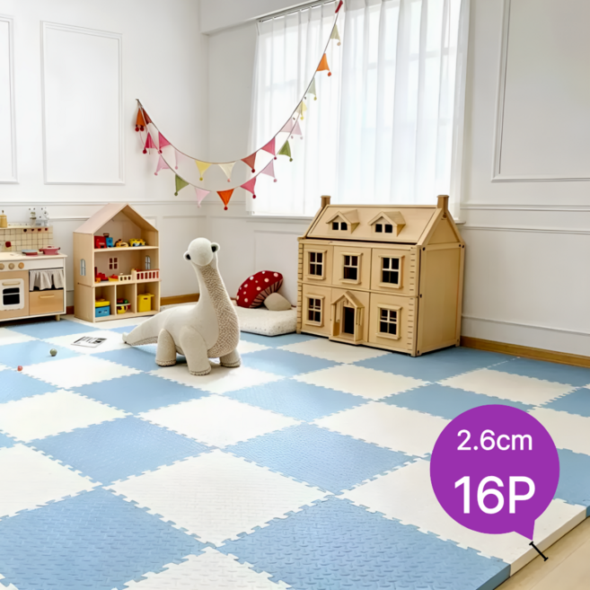 홈잼 두꺼운 층간소음 매트 대형 퍼즐매트 베란다 바닥매트, 화이트+블루, 16개