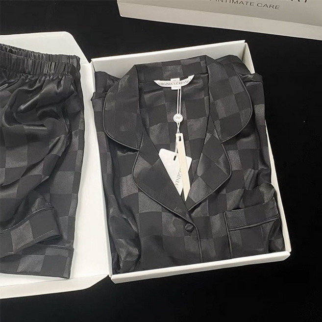 冰絲綢格紋睡衣套裝 - 短袖短褲家居服