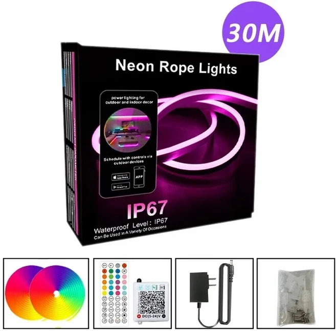 10M 20M 30M DC24V LED RGB 네온 스트립 음악 동기화 유연한 조명 스마트 블루투스 앱 방수 LED 라이트 스, 03 발광 Color7, 01 EU Plug