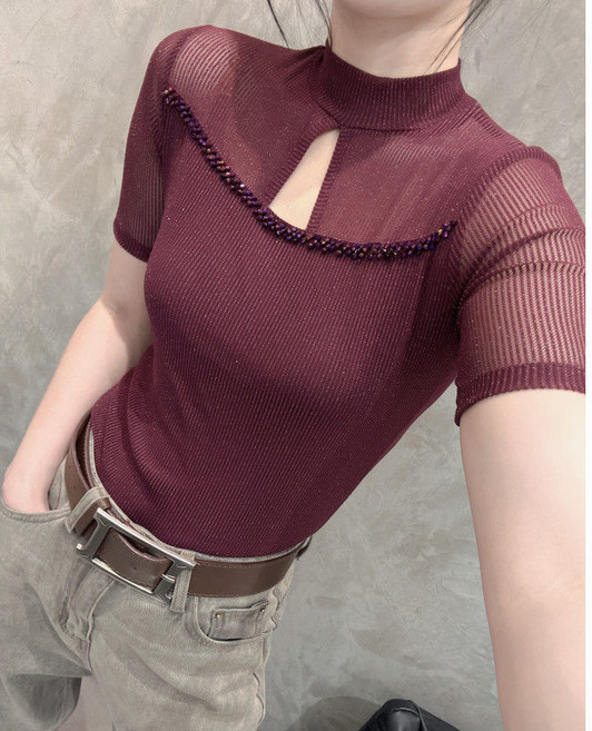 여름 여성 목폴라티 캐주얼 펑칭 레이스 반팔티 슬림핏 반팔 반폴라티 데일리 여자 반목 반팔티 YJW