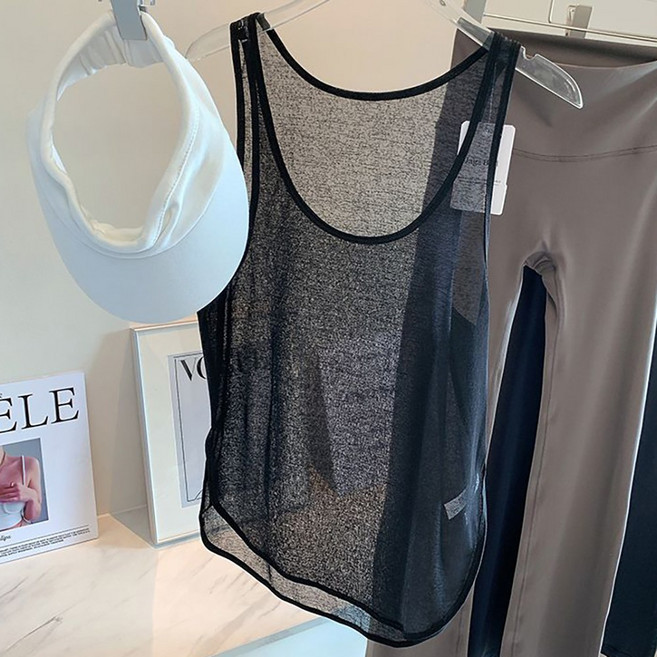 로르카 여성 라운드넥 루즈핏 달리기 시스루 요가 운동 캐주얼 민소매 나시 P040129