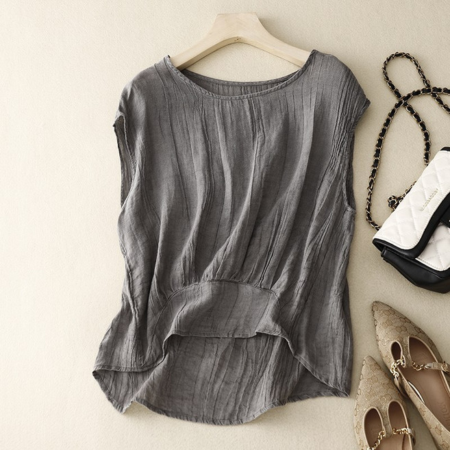 엄마린넨나시티 빅사이즈할머니나시 이너 주름 루즈핏 라운드넥 티셔츠 시원한 여름 코디