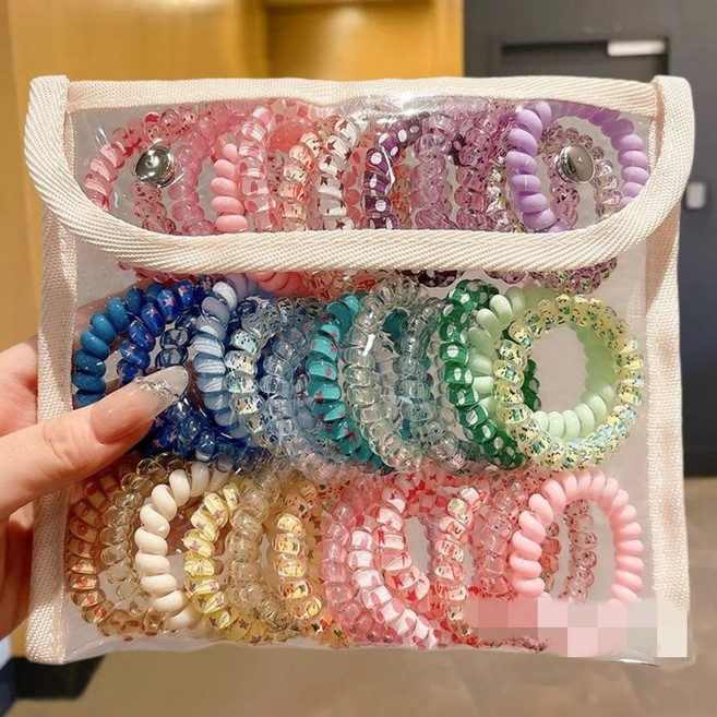 더채움 프리미엄 러블리컬러 헤어 무지개 탄력고무줄세트 스프링 머리끈 세트 컬러밴드 헤어링 선물 34개 한세트