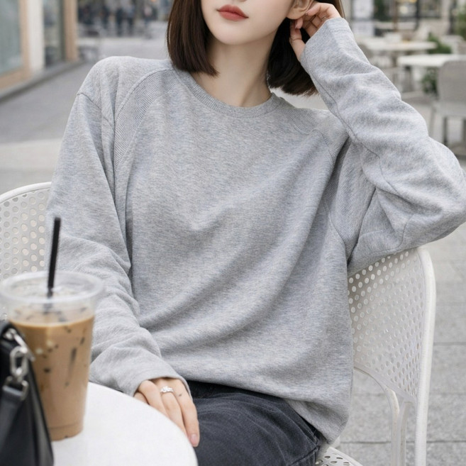 픽앤유 여성 간절기 맨투맨 긴팔 티 라운드 데일리 무지 티셔츠