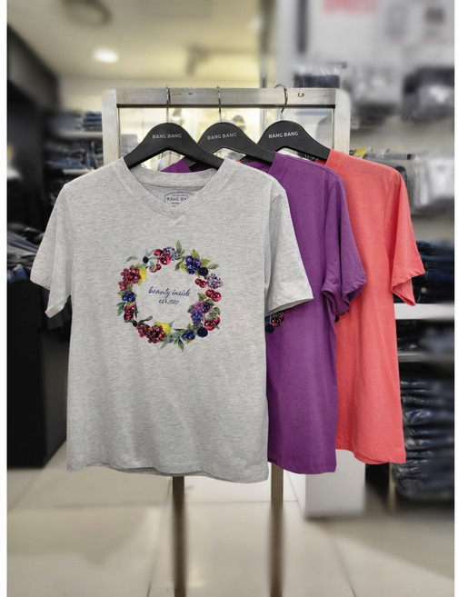 뱅뱅 여름 여성 브이넥 프린트 반팔 티셔츠