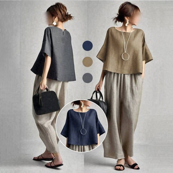 여름 중년여성 린넨세트 라운드 반팔 면마 티셔츠 상의 스판 밴딩 와이드 배기팬츠 투피스 루즈핏 얇은 시원한 데일리복 홈웨어