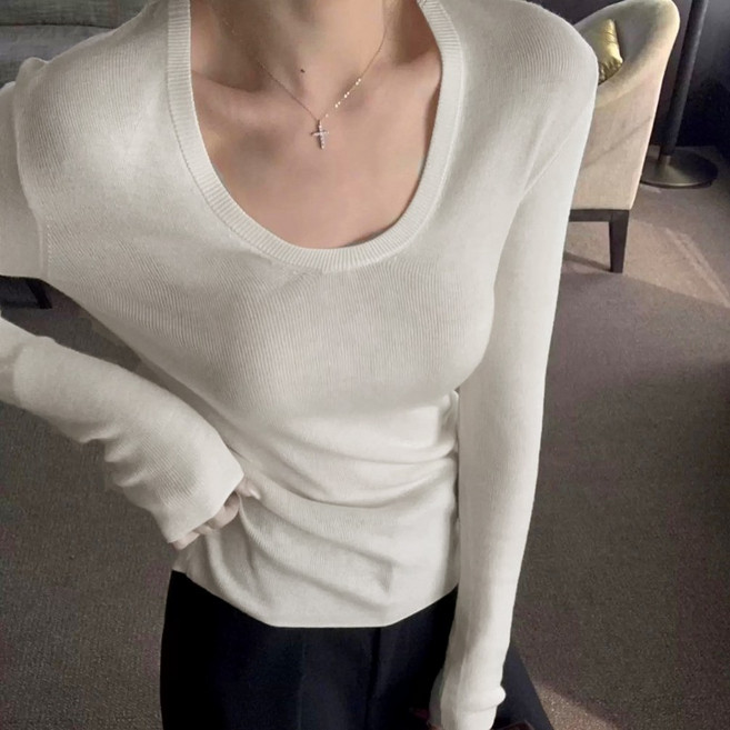 《杜達女孩》加厚細織包邊大U領針織衫 內搭外穿打底 包芯紗長袖上衣 女