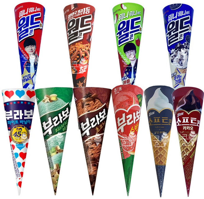 롯데제과 해태) 월드콘 4종 부라보콘 4종 세트(24개입) 대용량 브라보콘 바닐라 초코 쿠앤크 소프트콘 아이스크림, 24개, 140ml