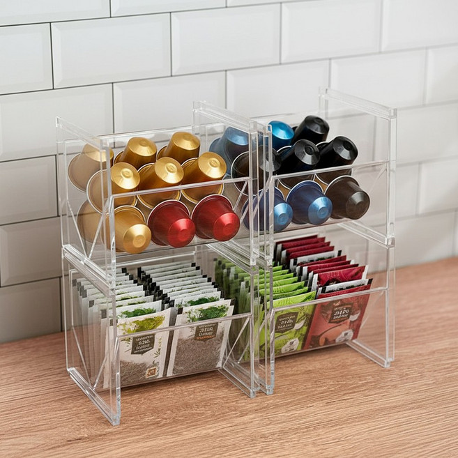 이지유 비스듬한 티백 보관함 탕비실 커피 캡슐 아크릴 수납 적층 정리함 화장대 홈카페, 1개, 투명