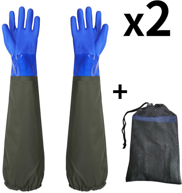 마켓피아 해루질 어깨고무장갑 갯벌 고무장갑 미나리 수산 농업 어업용 긴장갑 롱 대형 2켤레, 고무줄형 블루-카키, 2개