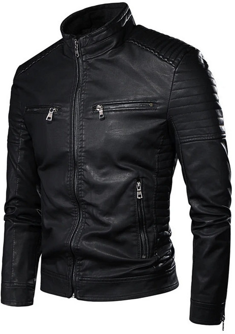 해피유통 남성 가죽 자켓 슬림핏 사계절 바이커 자켓 지퍼 장식 어깨 스티치 디테일 LWJ