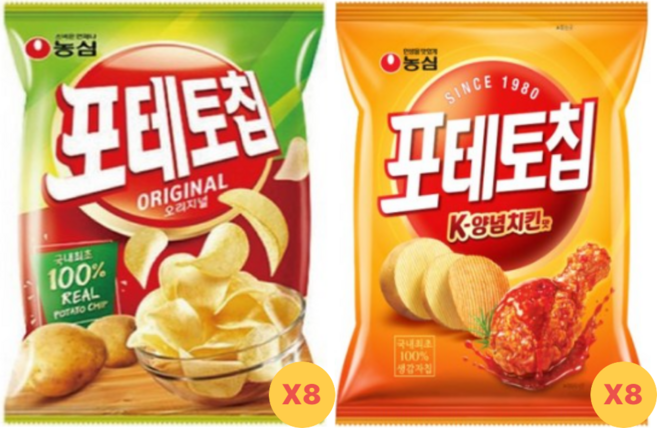 농심 포테토칩2종세트(포테토칩오리지날 K양념치킨맛), 8개