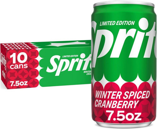 스프라이트 윈터 스파이스 크랜베리 소다 소드링크 냉장고 팩 7.5 fl oz 미니캔 10팩, 겨울 크랜베리, 750ml